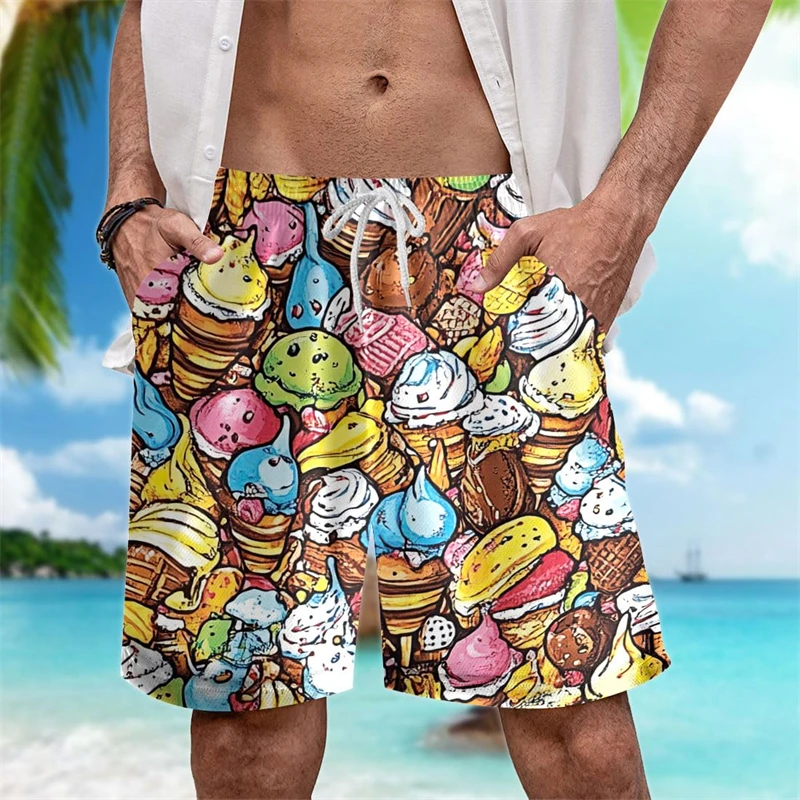 Funny Ice Cream Print Beach Designer Swim Shorts Outdoor Leisure Drawstring Board Shorts 2025 Novel Trend Children Loose Short
