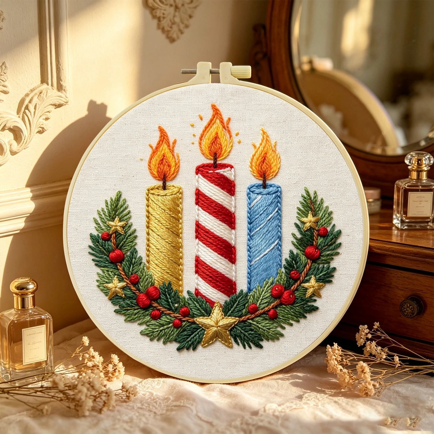 1 Set Weihnachtskerzen DIY-Stickerei-Set für Anfänger, Stickerei-Starter-Kit, Kreuzstich-Kunstgeschenk, Handarbeits-Bastelset – Detail 5