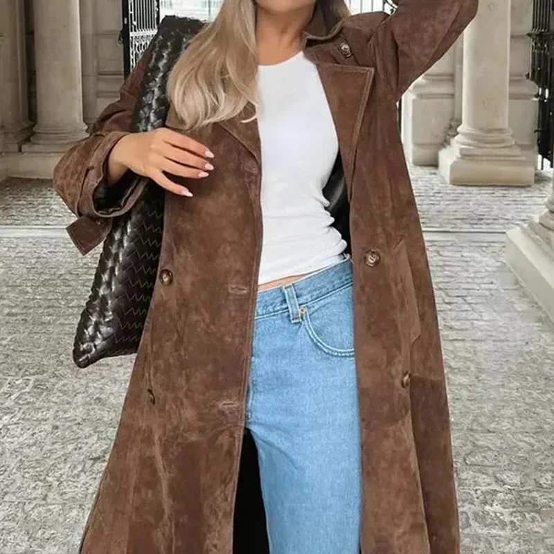 2025 New Lady High Street Trendy Capispalla Casual Doppio Petto Giacca in pelle scamosciata Donna Temperamento vintage Lace Up Risvolto Cappotto lungo