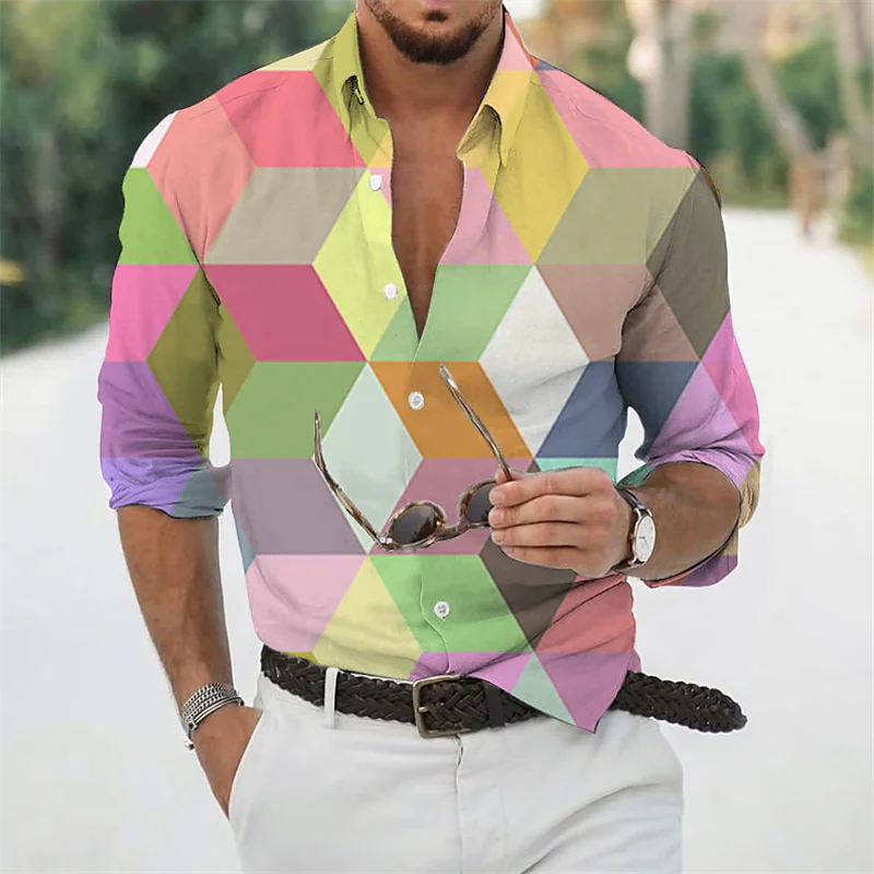 Camisa de lapela de manga comprida masculina, diamante geométrico, estilo estampado, moda de rua, roupas de grife