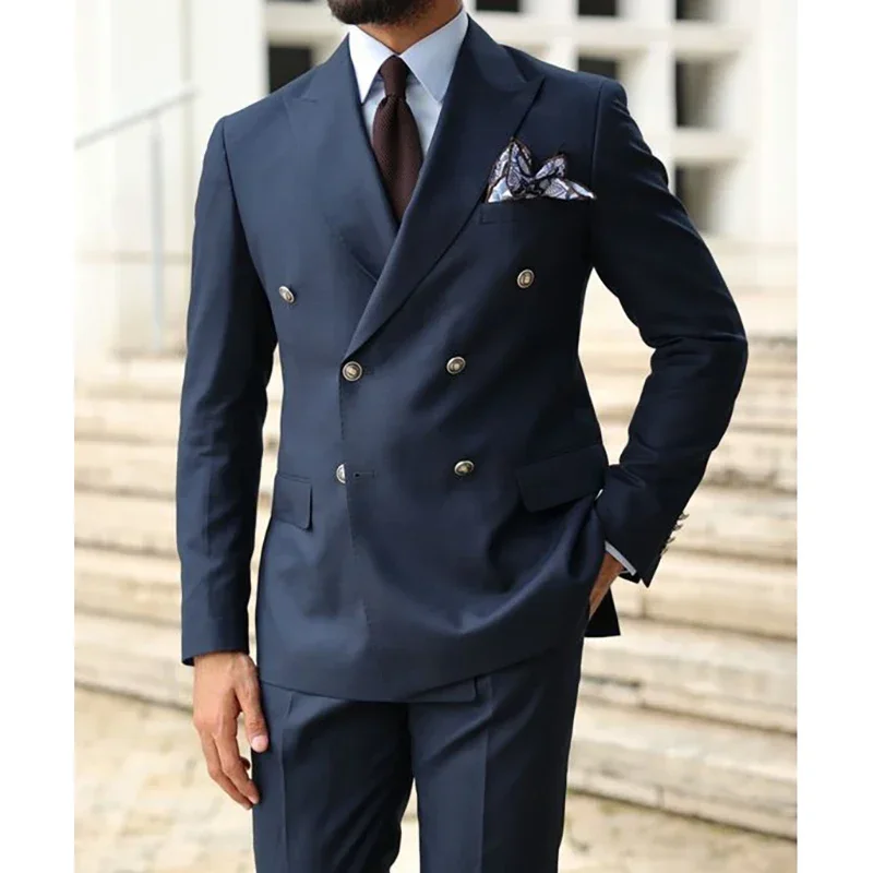 

Navy Blue Doubel Breasted Men's Suits Regular Length Back Vent Chic Business Smart Casual Outfits 2 Piece Jacket Pants Set 2024