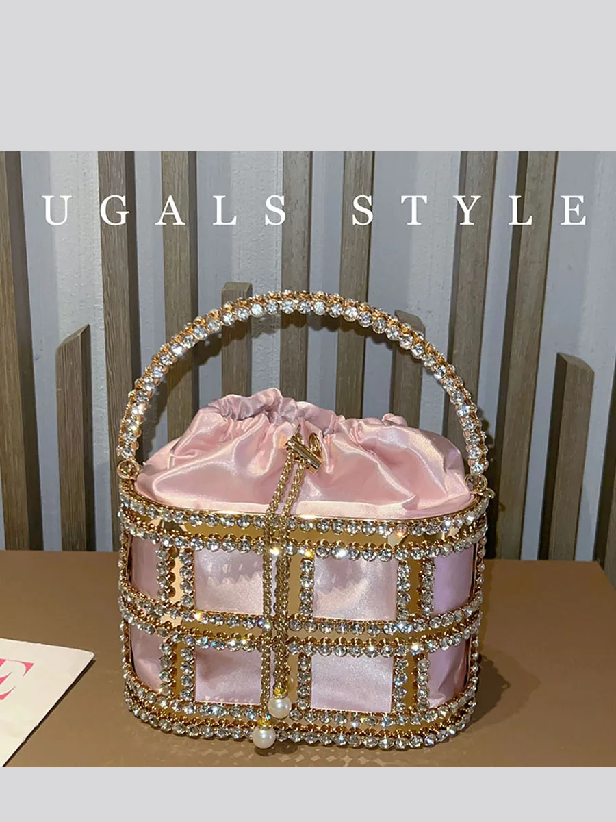 UGALS Metal Shiny Birdcage Diamond Hollow out Silk Satin Evening Party Bucket Handbag Shoulder Bag for Young Women