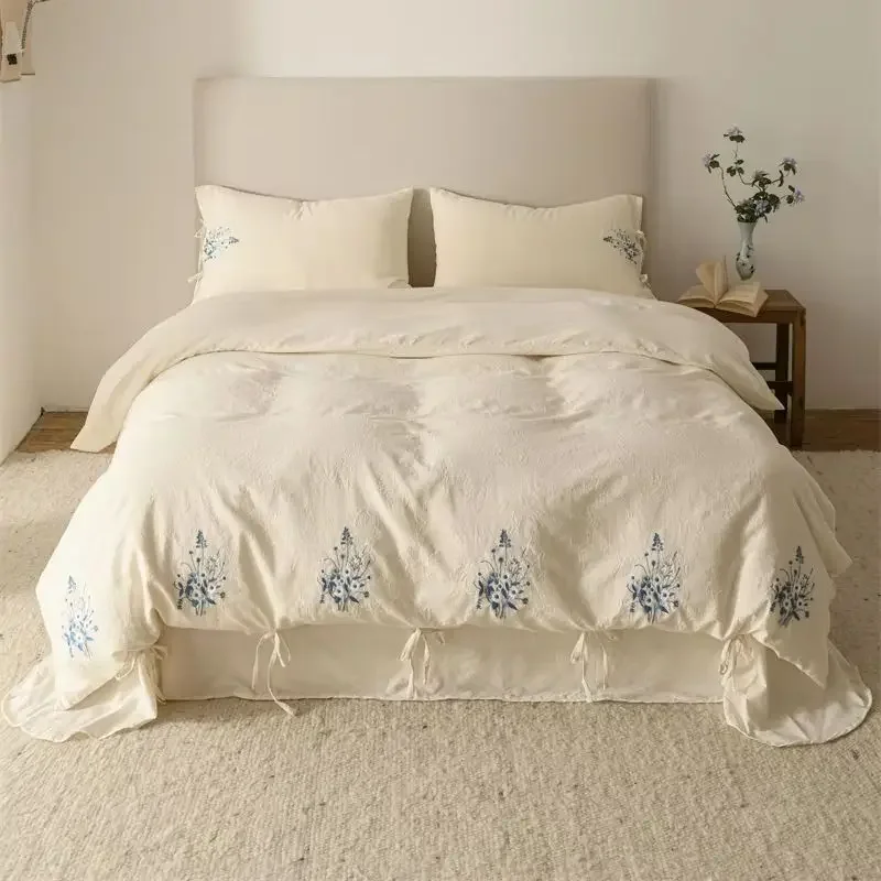 100% Cotton Bedding Set Embroidery Blue Daisy Wildflower Embroidery Floral Jacquard Duvet Cover Set Bed Sheet Pillowcases 4Pcs