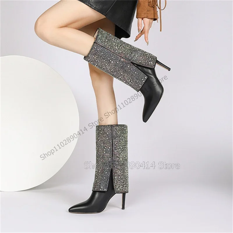 

Colorful Rhinestone Turned Over Pointed Toe Boots Slip On Women Shoes Thin High Heels New Fashion Party 2023 Zapatos Para Mujere