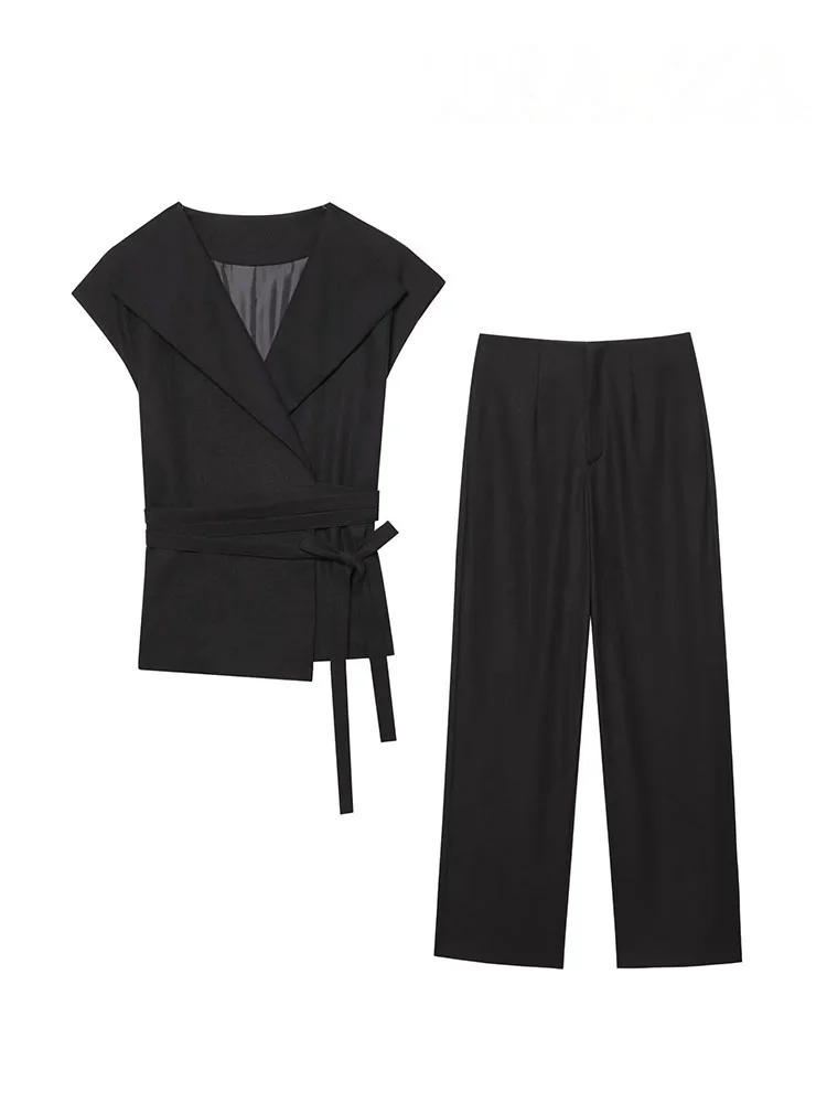 

HH Женский брючный костюм с лацканами и бантом, кружевной дизайн, тонкий жилет без рукавов, топ + высокая талия, боковой карман, однотонная молния, повседневные свободные брюки