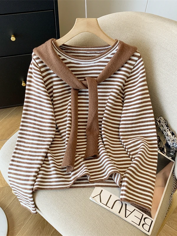 High-End Striped Knitted Sweater Women's plus Size Fashion Long Sleeve Versatile Slimming Age-Defying Top with Shoulder Scarf