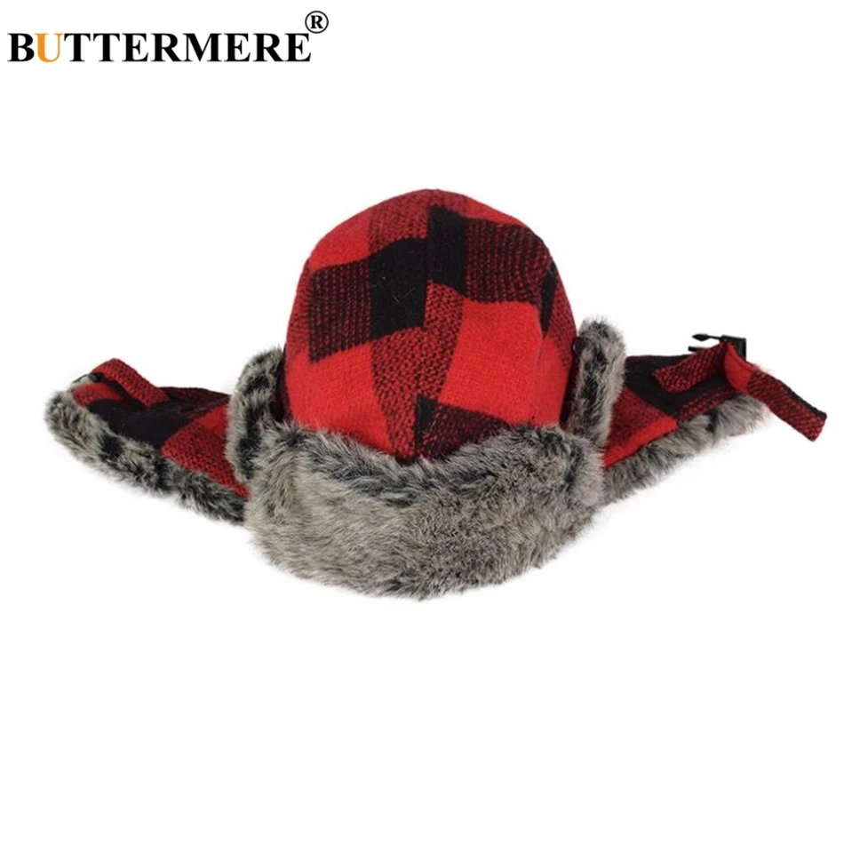 BUTTERMERE Winter Bomber Hat Women Men Grey Plaid Russian Ushanka Hats Warm Thick Ski Male Female Outdoor Earflap Trapper Hat