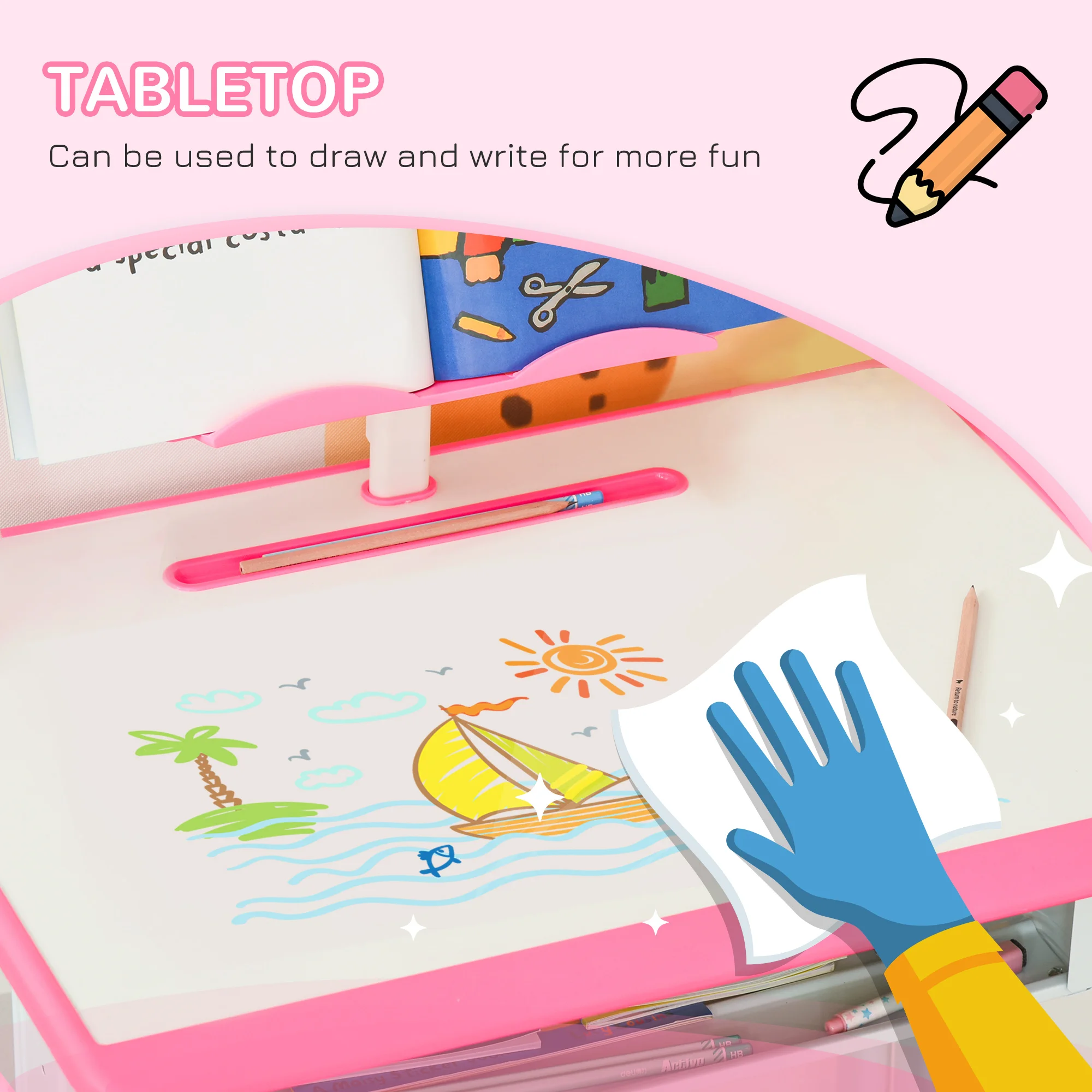 HOMCOM Kids Desk and Chair Set Adjustable Height Drawer Book Stand Pink