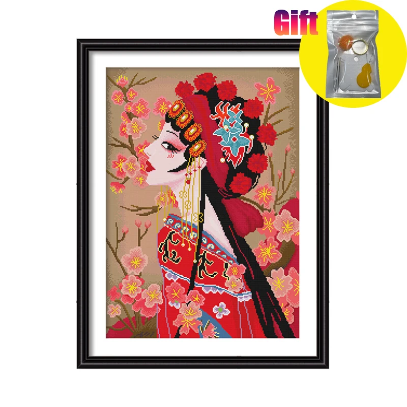 Spring cross stitch kit with print canvas Chinese classical theatrical art Peking Opera Red Skirt Flower Dan DIY Embroidery kits