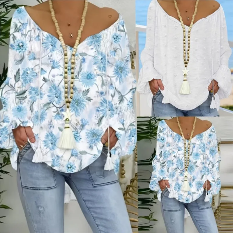 

Women's Fashion Blouses T-Shirt 2025 Spring Summer Floral Print Tassel Design Lantern Sleeve Shirts Blouse Casual Tops Women