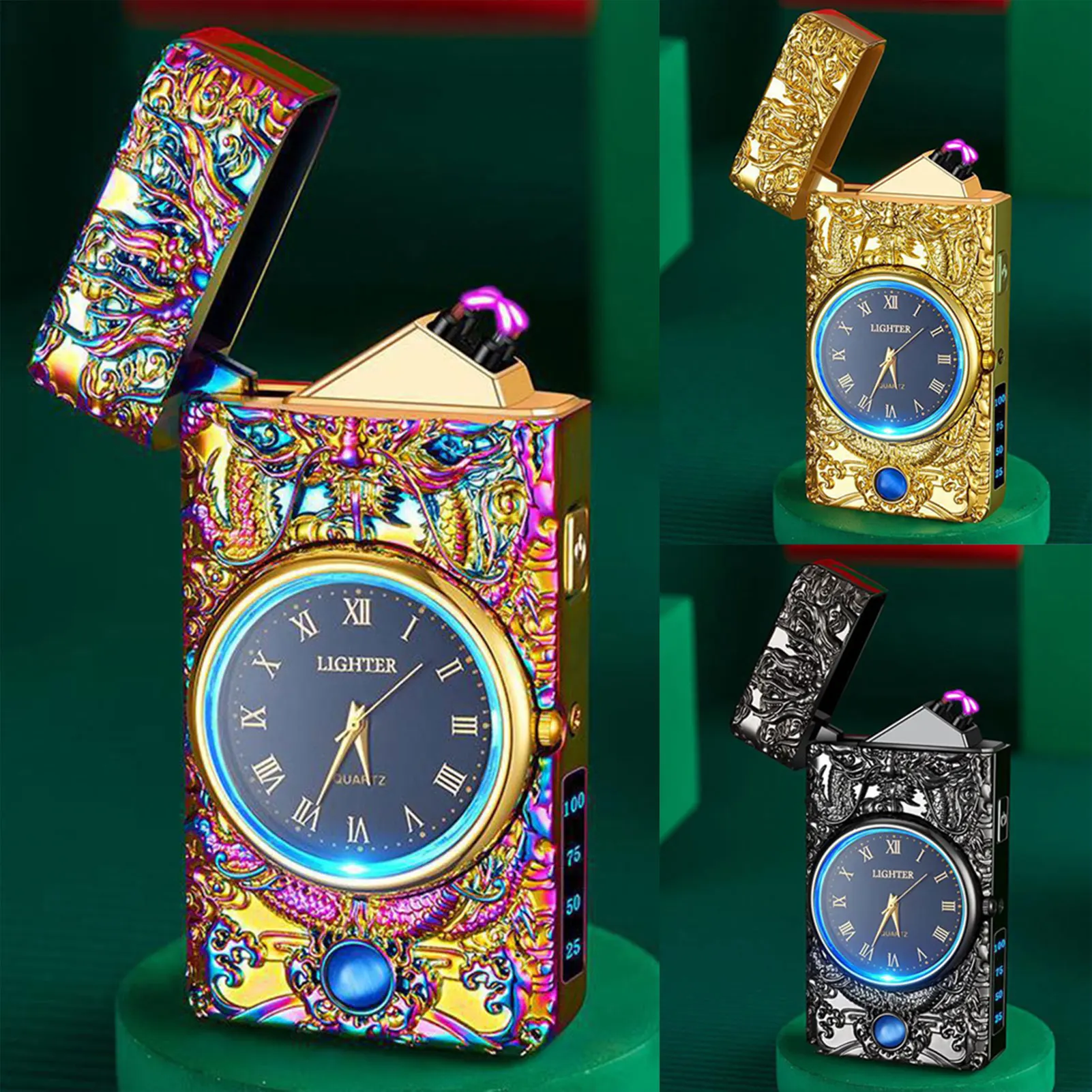 

Электрические плазменные зажигалки с двойной дугой, перезаряжаемые ветрозащитные рельефные зажигалки для драконов с циферблатом, светодиодный светильник, подарок для папы