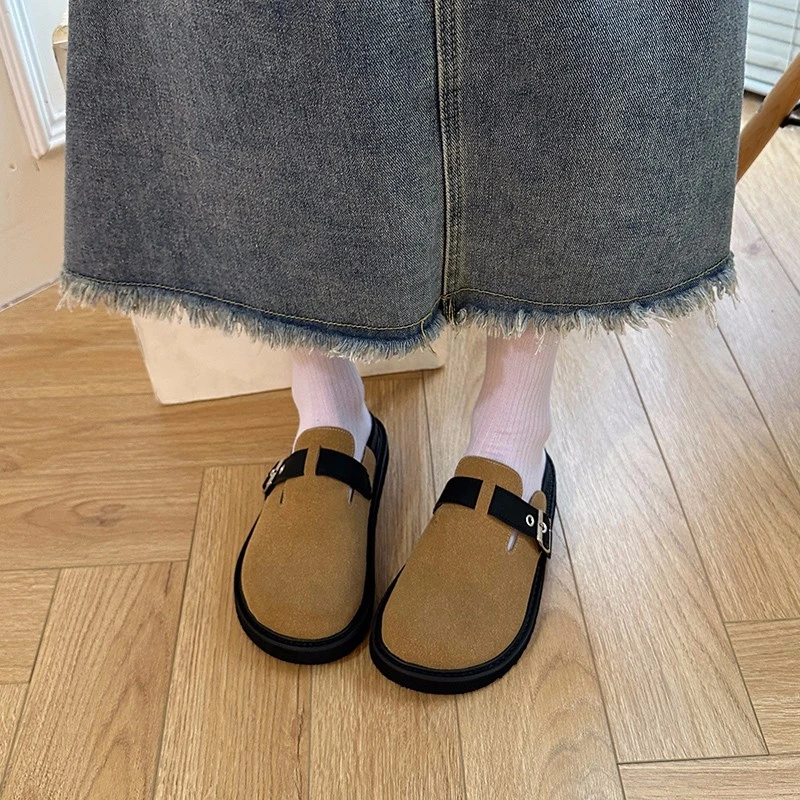 Cover Toe House Slippers Platform Female Shoes Flock Med Slides 2024 Soft Casual PU Fabric Hoof Heels Retro  Autumn Rubber Leisu