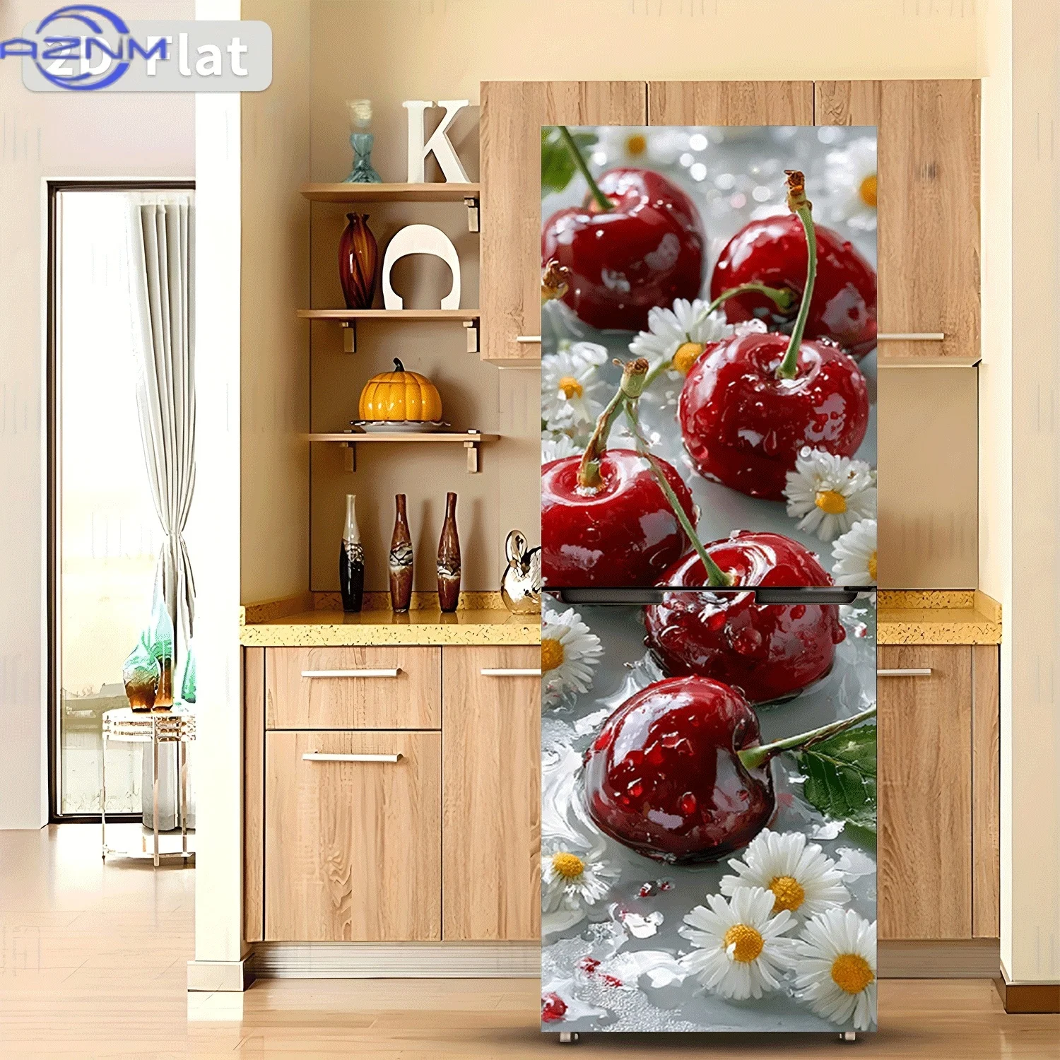 2D Flat Printing 1pc Refrigerator Sticker , Red Cherry Blossoms with Dew and Fragrant Mist Theme Design, Self-Adhesive Wall De