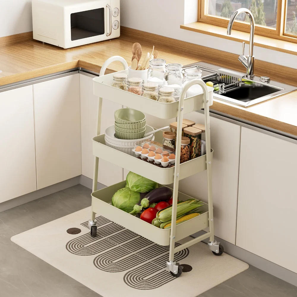 

3 Tier Metal Storage Kitchen Cart with Lockable Wheels Mobile Shelving Unit Utility Rolling Organizer For Home Narrow Places