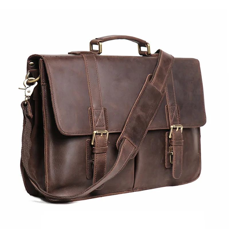 Natural Men's Leather Dark Brown Briefcase Vintage Portfolio Handbag Fashion Satchel Messenger Bag Office Laptop for Men