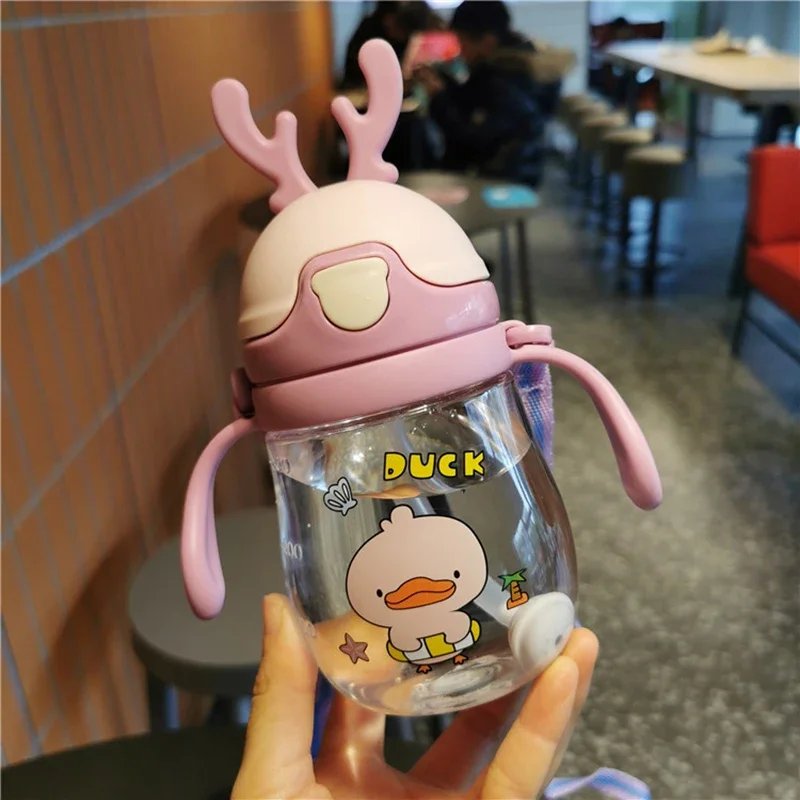 370ml New Creative Cartoon Animal Deer Children\'s Straw Feeding Baby Learn To Drink Cup Leakproof Outdoor Portable Water Bottle