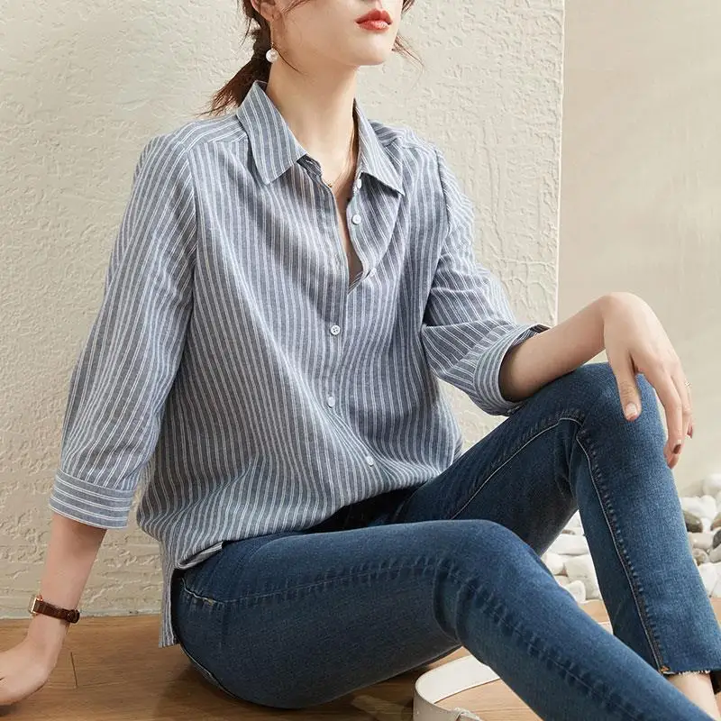 Casual Striped Blouses Bottoming Women Shirt Thin Loose Straight Spring Summer Fashion Wild Women\'s Clothing 2022 Temperament