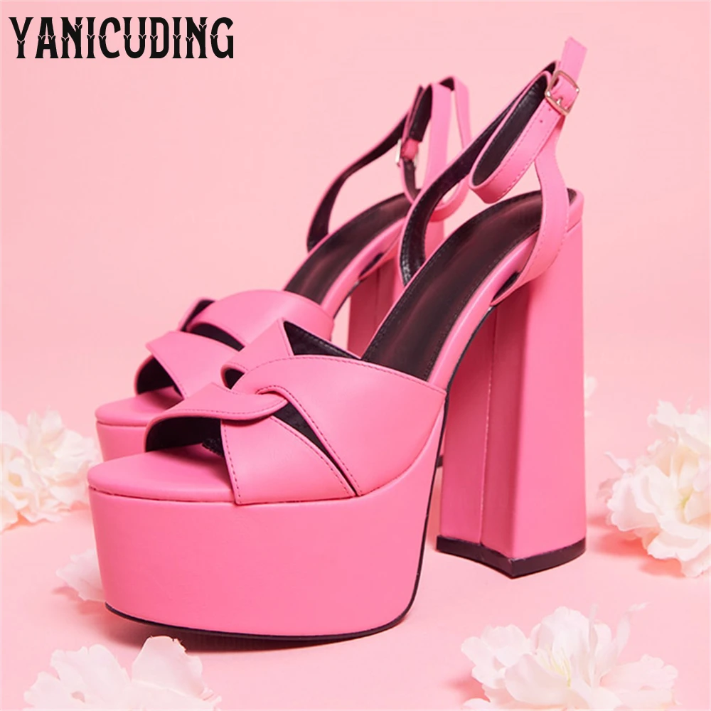

Matt Leather Platform Sandals Intertwined Strap Block Heel Summer Shoes Concise Ankle Strap Heels Multicolor Large Size Sandals