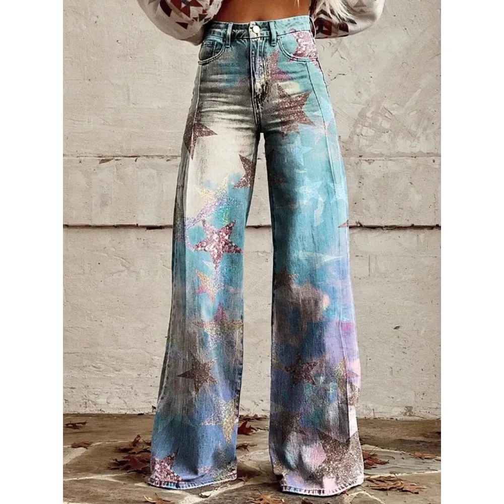 Vintage Galaxy Star Print Hose mit hoher Taille und weitem Bein, Damen-Baumwollhose, lässige Streetwear-Hose für Festivals und Konzerte – Detail 3