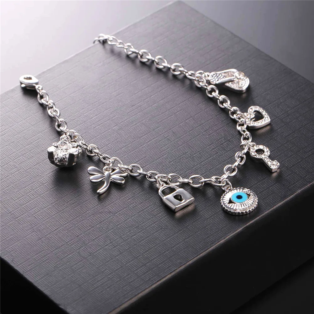 U7 Charm Bracelet Cute Bear Heart Key Evil Eye Slippers Dragonfly Trendy Silver Color White Rhinestone Bracelet For Women QC24