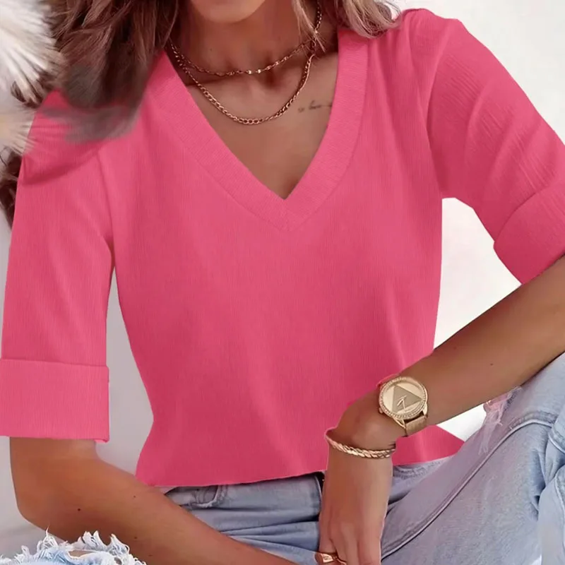 

Модная женская футболка с v-образным вырезом, летняя однотонная повседневная футболка с коротким рукавом, женские топы, женская одежда, футболки Camiseta, Q879