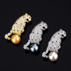 New high-end jewelry plated 18K gold luxury inlaid pearl fashion simple leopard brooch 14mm jewelry