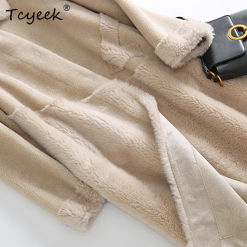 Tcyeek 100% ขนสัตว์ฤดูใบไม้ร่วงฤดูหนาวสไตล์เกาหลีแบบบูรณาการสแควร์Beigeความยาวปานกลางผู้หญิงเสื้อขนสัตว์Fourrures femme