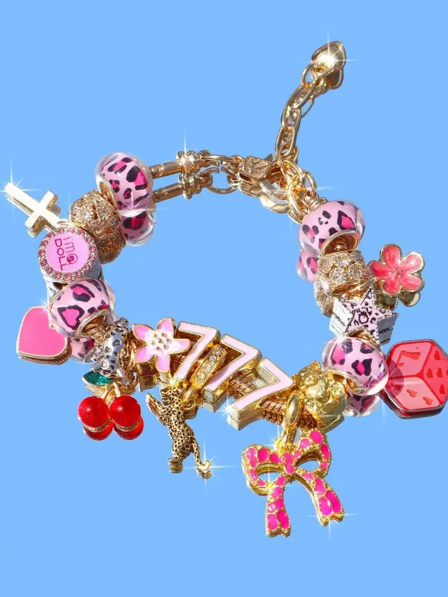 

Leopard Print Cherry Charm Bracelet With 777 Star Cross Bowknot