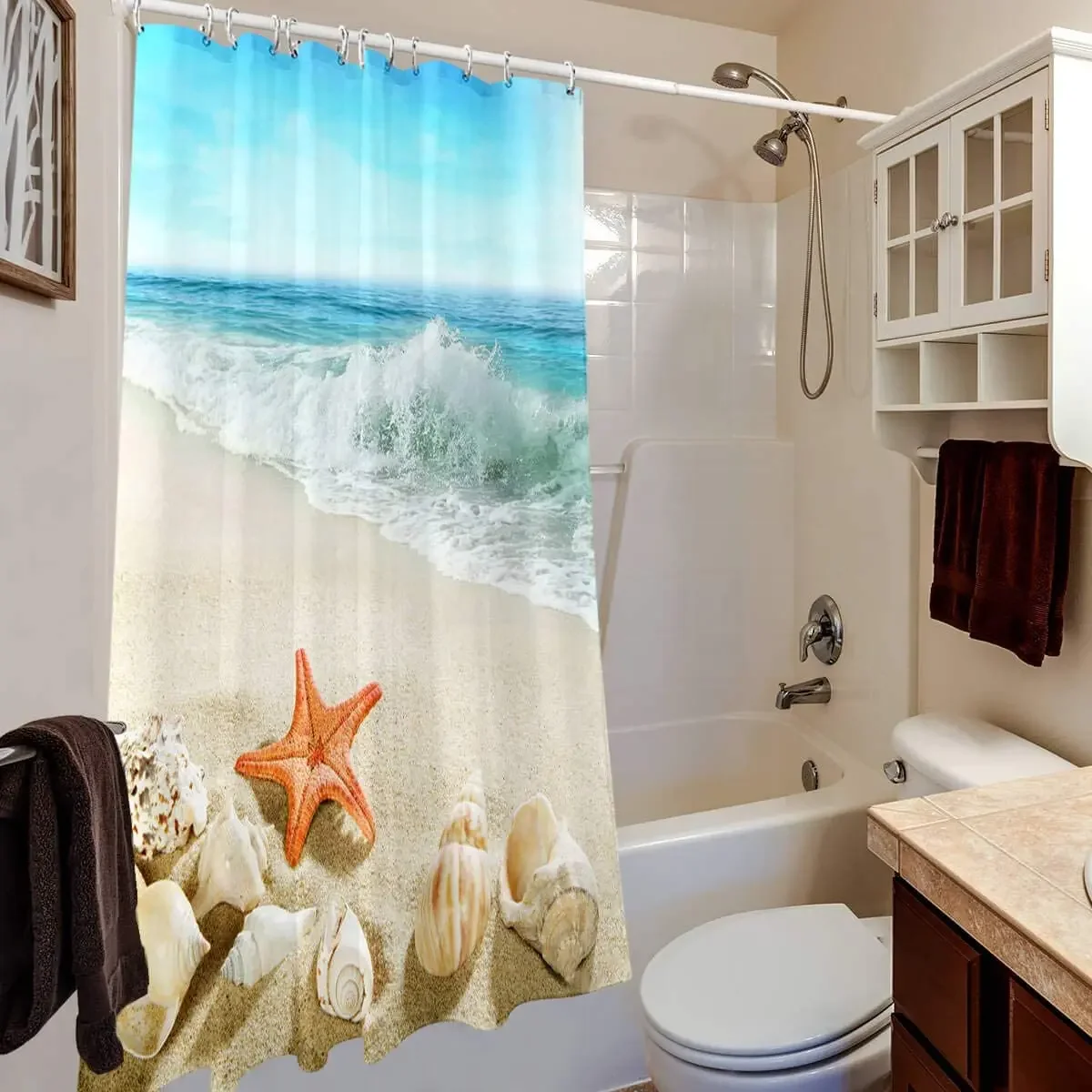 Beach Shower Curtain Machine Washable Seashells Starfish Conch Waves Ocean Bath Curtain Blue Bathroom Accessories Set with Hook