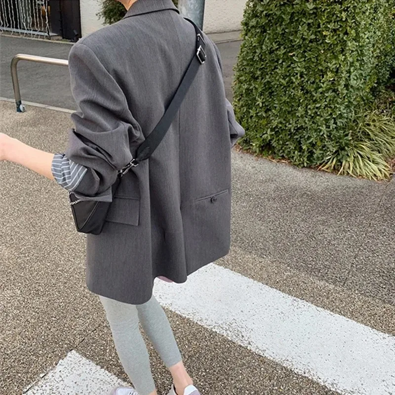 Insozkdg 2024 Spring Autumn New Gray Suit Jacket Blazer Women with Chic Design Loose Fit Office Lady Coats Women Clothing Tops