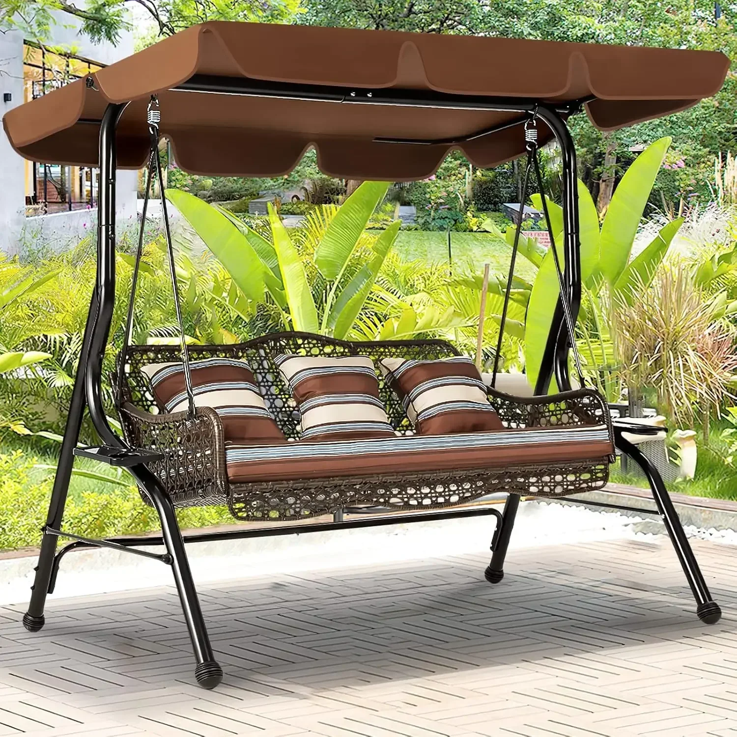 AECOJOY 3-Seat Proch Swing Chair, Patio Swing with Canopy, 2 Side Trays, 3 Pillows & Removable Cushion, Patio Wicker Swing