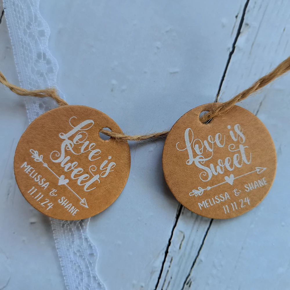 BY19-35mm Diameter White Text Print Tags Black Label Kraft Paper Labels Love Is Sweet Custom Wedding Favor and Gift Tags