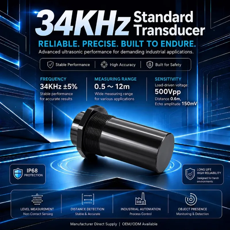 34kHz Air Ultrasonic Transducer IP68 Rated 0.5-12m Range -40~+80 for Non-Contact Level Distance Measurement Sensor