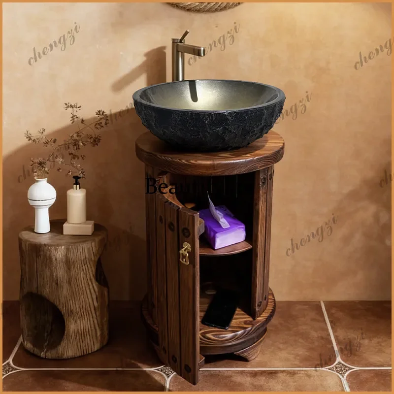 TTT  log stone round bathroom counter basin vertical wash basin high-end art wash table double-layer storage cabinet