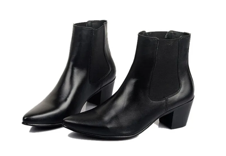 

Men's Black Leather Chelsea Cowboy Ankle Boots Pointed Toe Block High Heel Elastic Side Panel Dress Booties