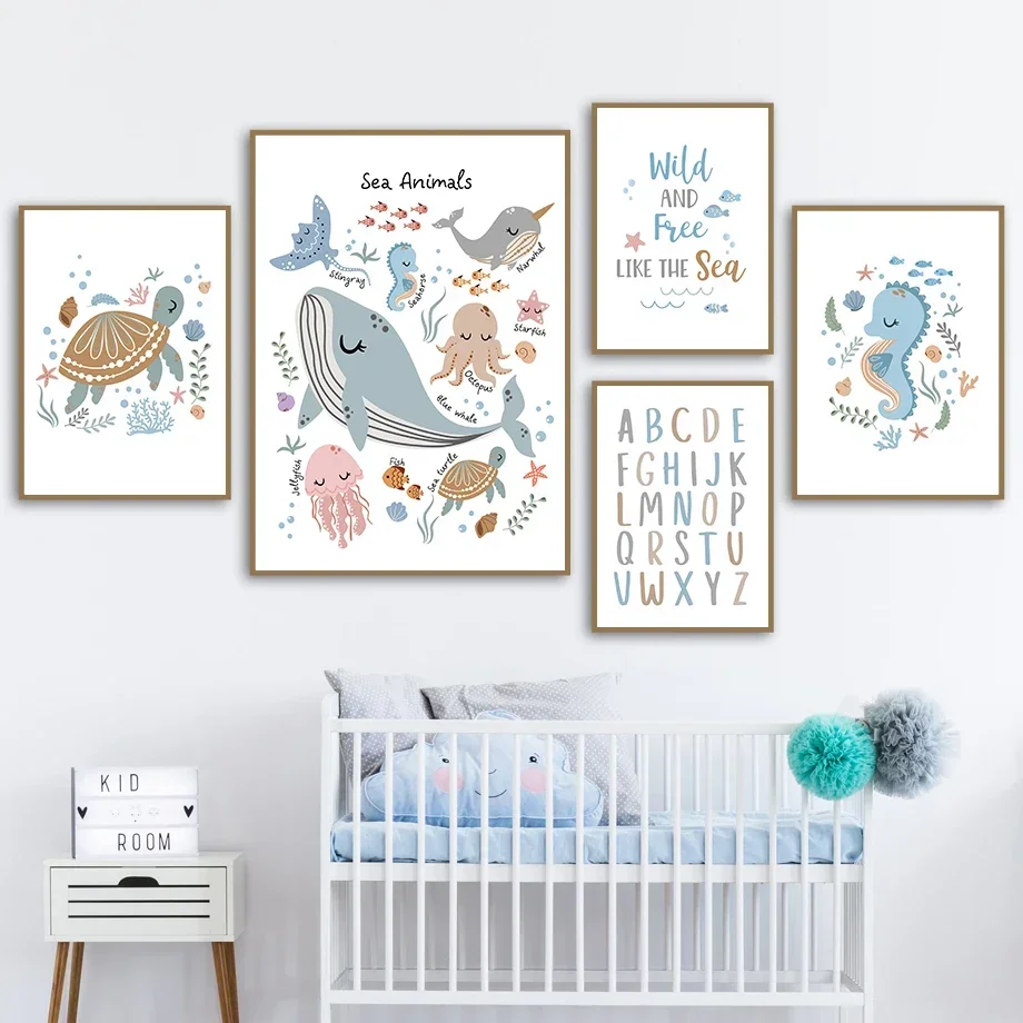 Multi-size 1PC frameless high-definition decorative paintings,Whale Turtle Seahorse Octopus Nursery Wall Art Canvas Painting Nor