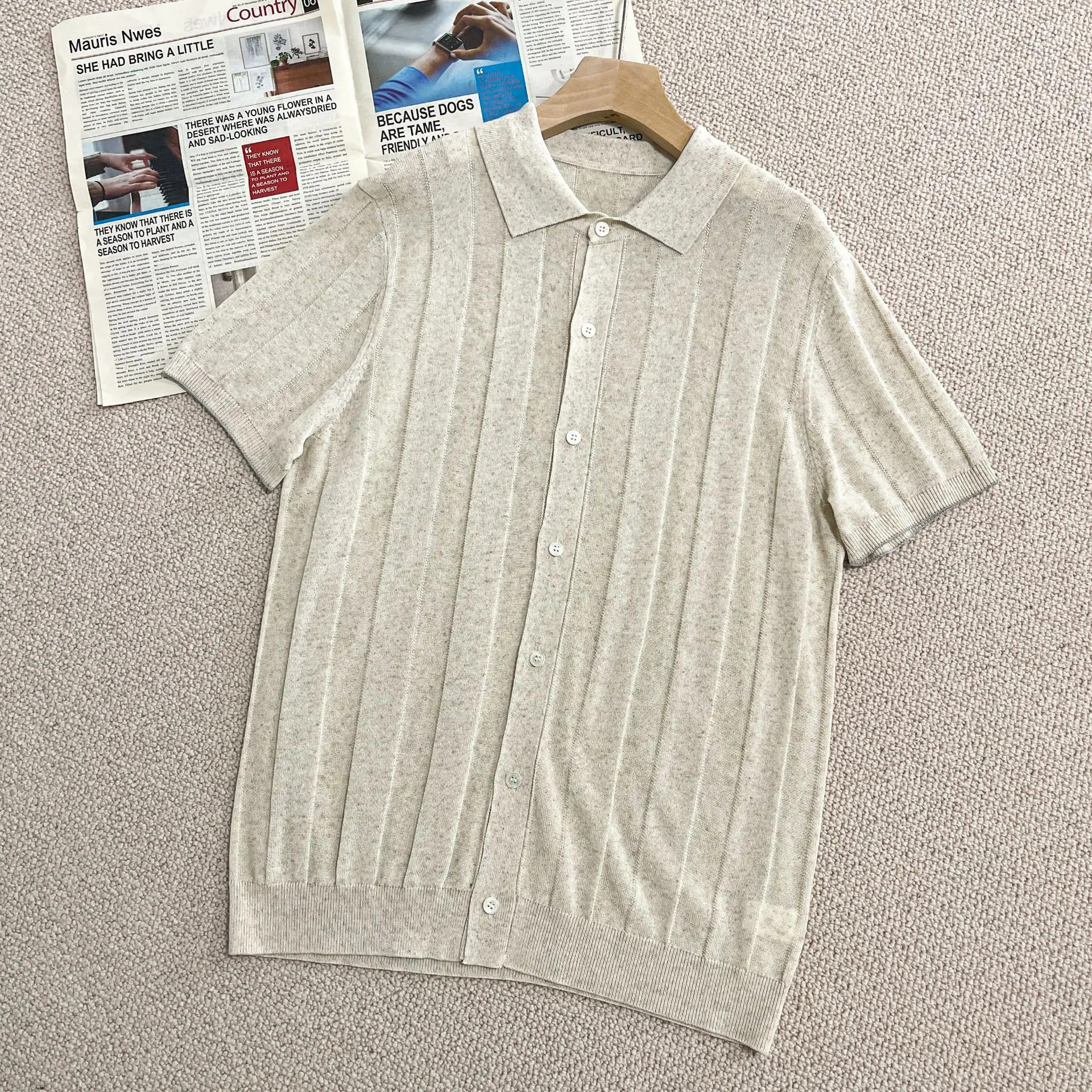 

New Design Hollow Retro Polo Lapel Short-Sleeved Knitted Sweater Summer Sense Solid Color Thin Cardigan Men