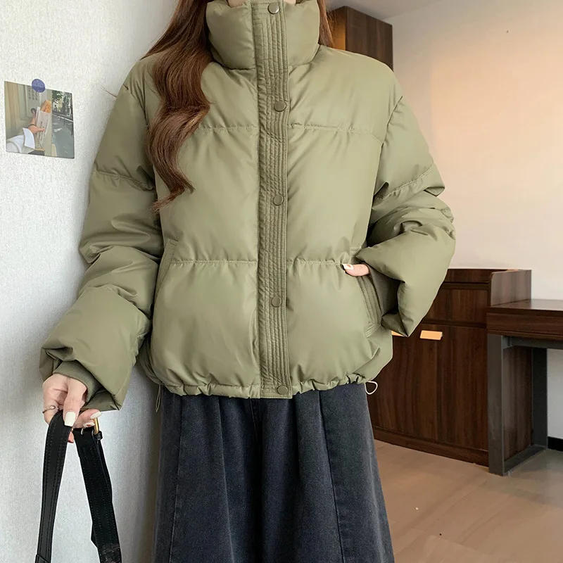 

Spring Autumn Winter Casual Thick Warm Pure Color Stand Up Collar Long Sleeve Drawstring Cotton Coat Jacket Woman