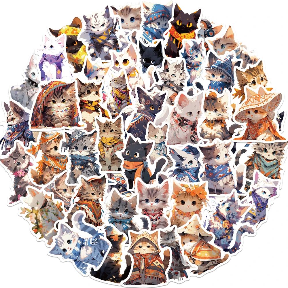 50Pcs Cute Cartoon Ethnic Style Kitten Graffiti Sticker Phone Laptop Guitar Car Water Bottle Waterproof Graffiti Decal Kids Toys