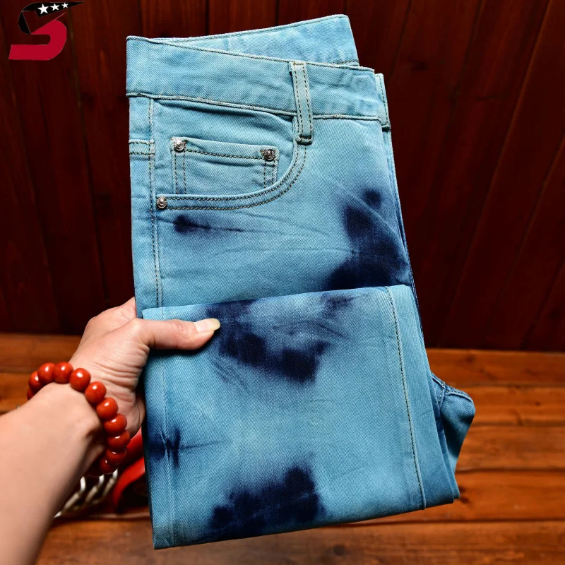 

High-End Retro Washed Tie Dye Design Jeans Men, 2026 Spring Blue Slim Stretch Fashion Trousers