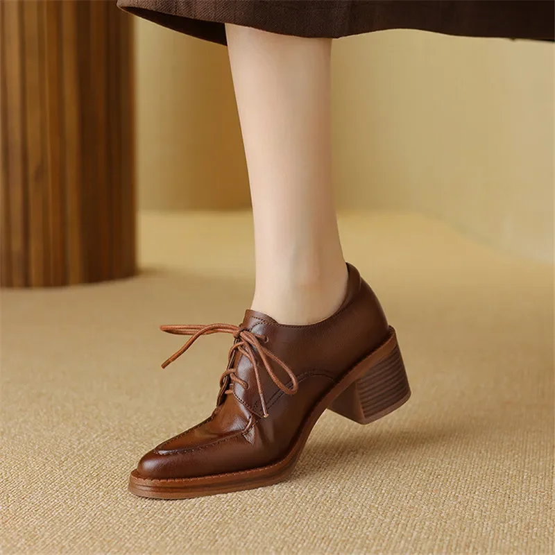 New Spring Cow Leather Loafers Woman Shoes Chunky Heels Pointed Toe High Heels Shoes For Women Casual Women Pumps Zaptos Mujer