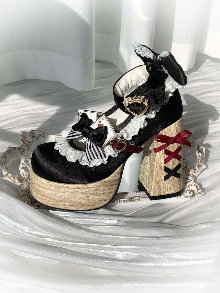 

Kawaii Lolita Bowknot Playing Card Cute Japanese Style Girl Shoes Sweet Fairy High Heels Waterproof Bow Princess Cosplay Shoes