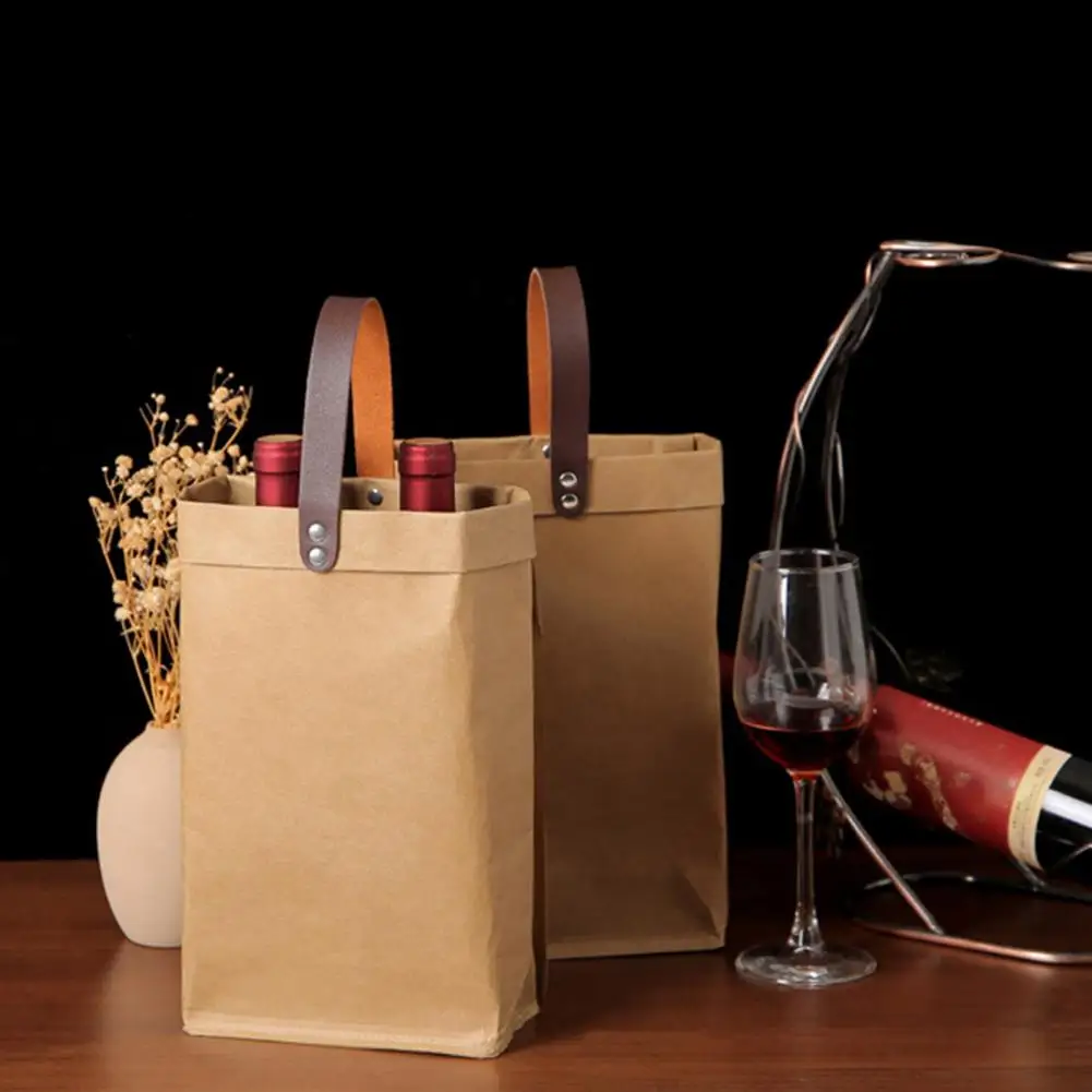 Easy-to-carry Wine Bottle Tote Eco-friendly Vintage Wine Gift Bag Handbag Set For Travel Shopping Waterproof Washed Kraft Paper