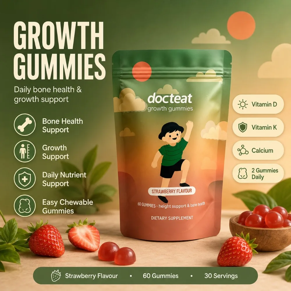 Docteat Kids Bone Support Gummies with Vitamin D K Calcium, Strawberry Flavour Chewable Daily Nutrition Supplement, 60 Count