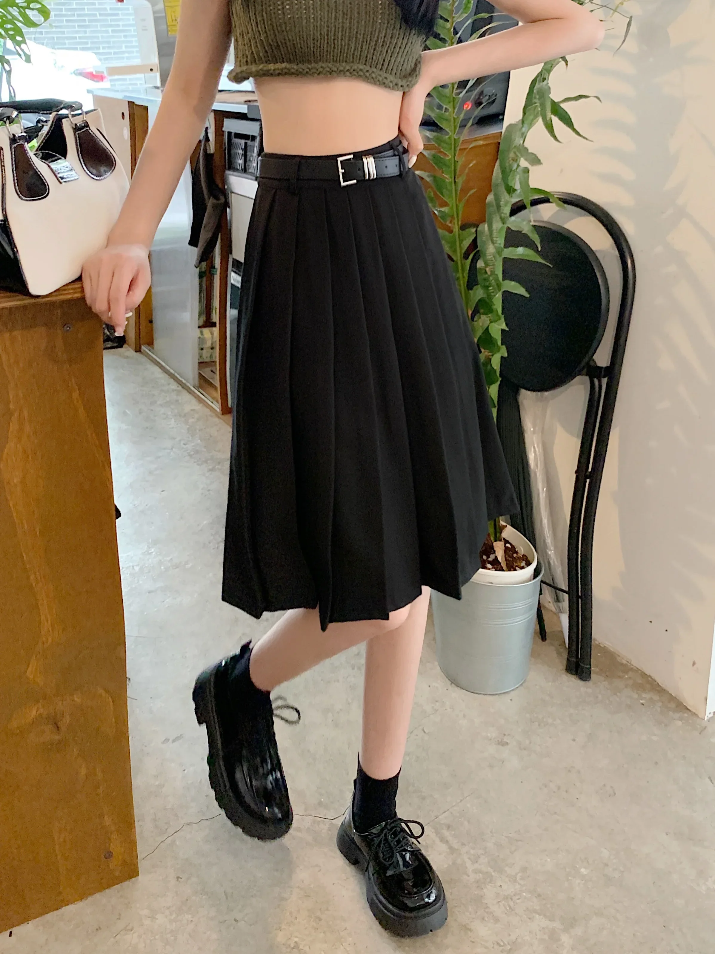 SALIENCY High Waist Solid Pleated Grey Knee-length Skirts Spring and Summer Fashion Preppy Style A-Line Pleated Skirt Streetwear