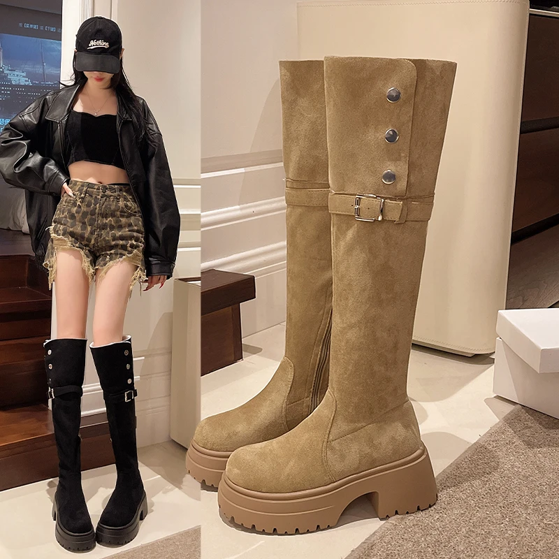 

Зимние теплые хлопковые женские сапоги до колена, современные длинные сапоги в стиле панк, женская обувь на толстом каблуке