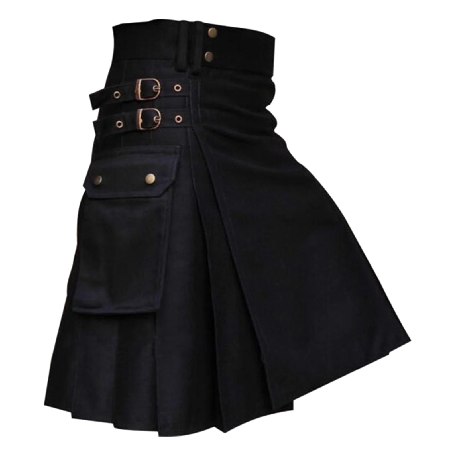 

Scottish Style Men Cool Pocket Kilts Casual Skirts Black Solid Color Gothic Kilt Vintage Cargo Kilt Metal Belt Pleated Skirt