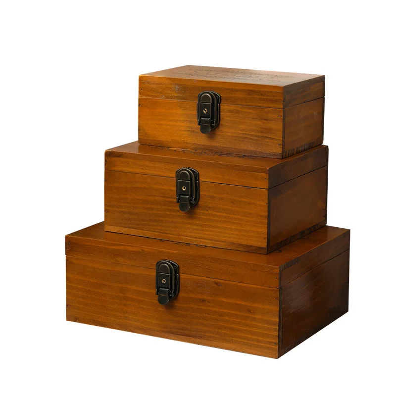 Retro Solid Wood Size Desktop Jewelry Finishing Box with Lock Wood Box Storage Box Storage Box