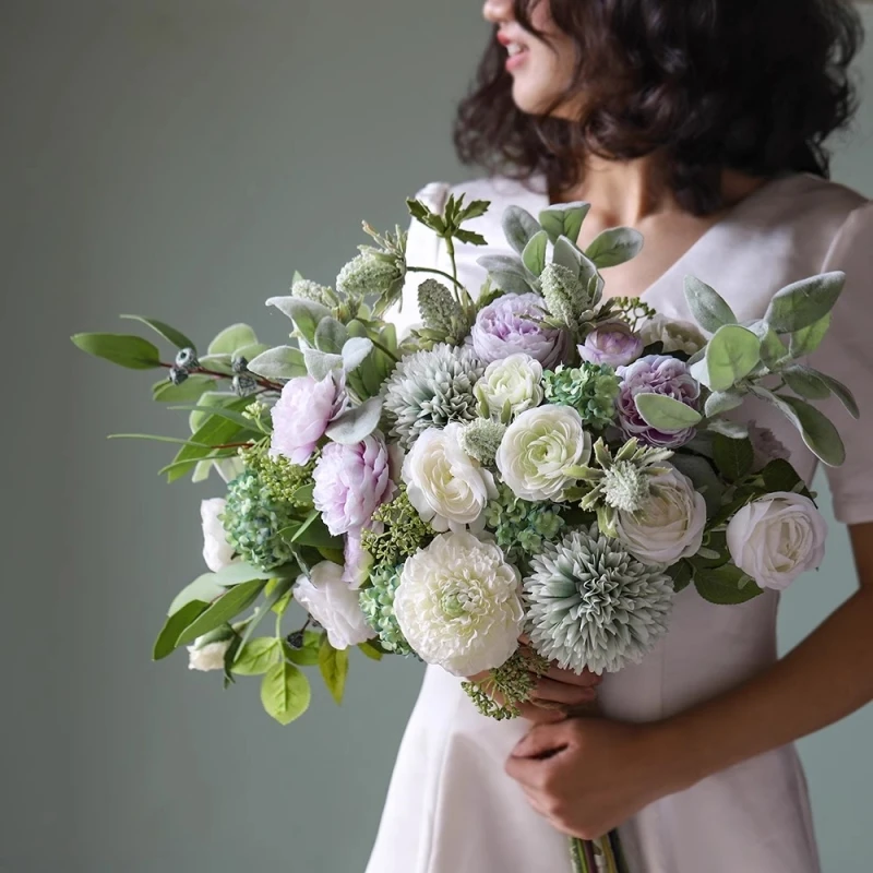 Purple Green Artificial Flower Bouquet Wedding Prop Bridesmaid Simulation The Bride Holding Flower Home Decor Soft Furnishing