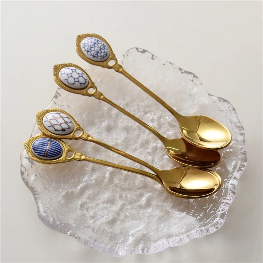 6pcs/set Creative Embossed Gold Plated Coffee Stirring Spoon Palace Style Dessert Afternoon Tea Small Spoon